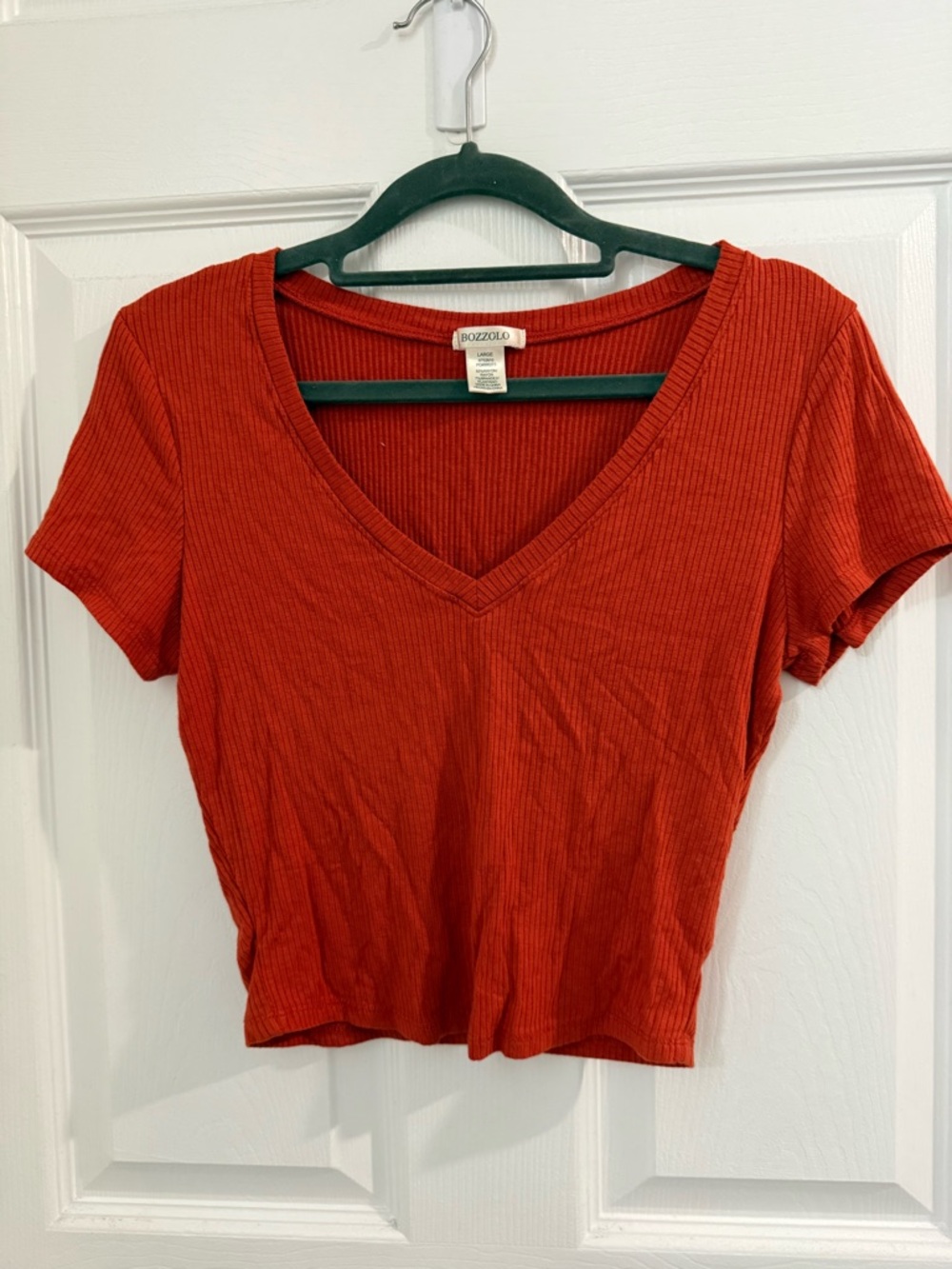Bozzolo Cropped Orange Ribbed Knit V-Neck Short Sleeve Stretch T-Shirt Size L
